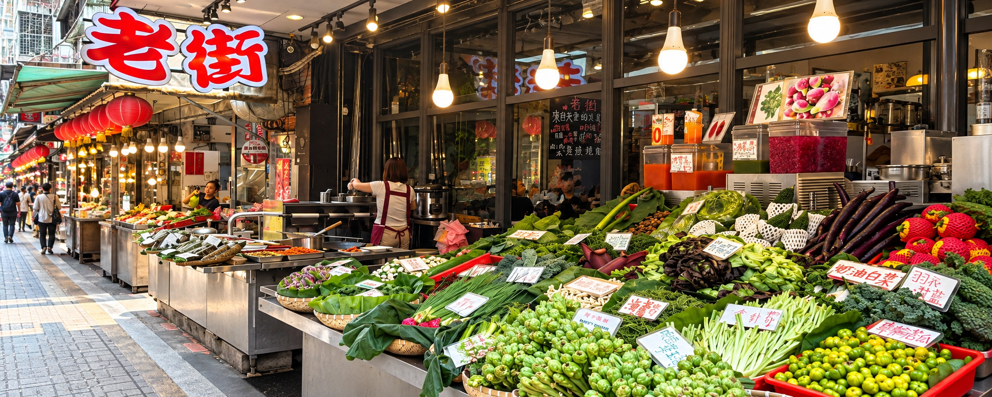 烏來老街野菜屋店面與繽紛山野菜攤位